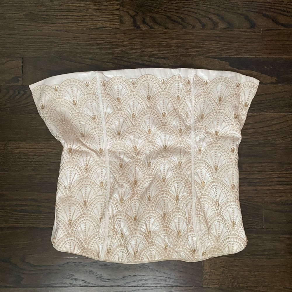 White House Black Market White & Gold Beaded Strapless Top